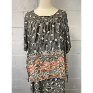 Vintage 90s Dress Shirt Set Boho Floral Border Print Tie Side Lace Print Plus